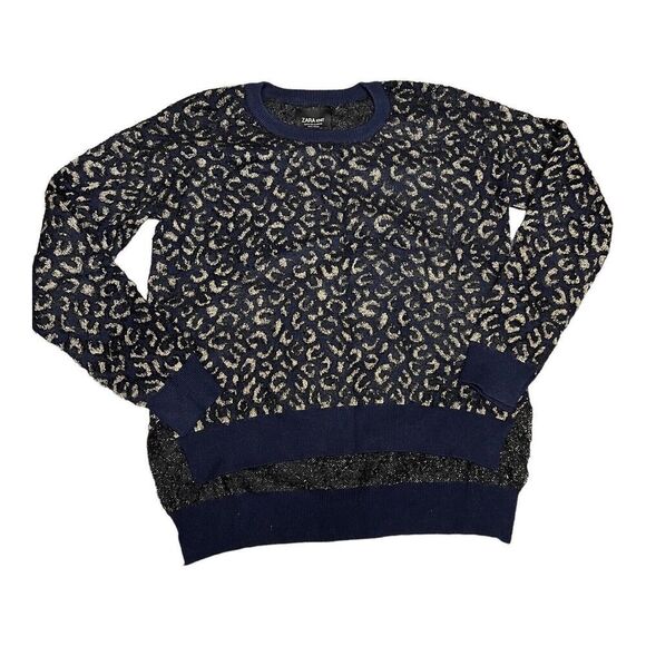 Zara Sweater Womens M Blue Fuzzy Leopard Hi Low Silver Animal Print Party Knit - Picture 8 of 10